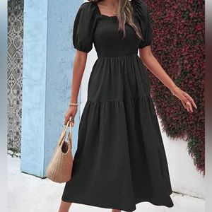 Maxi Dress Smocked Short Puff Sleeves Square Neck Tiered Long Flowy Dresses